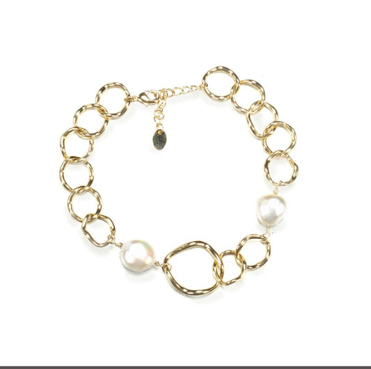 CAPRICE GOLD REAL BAROQUE PEARL LINKED HOOP BRACELET - OUThaus