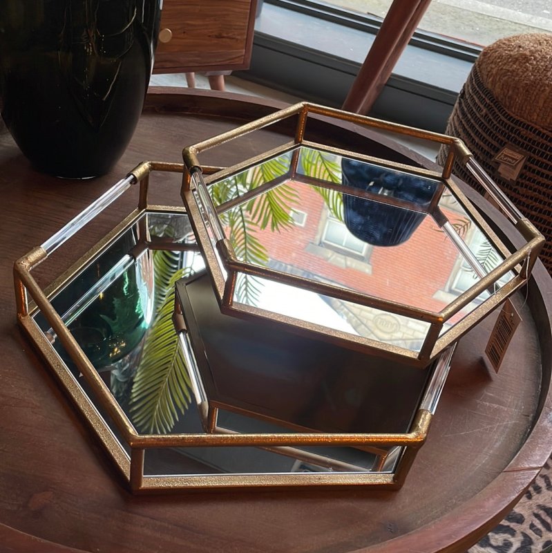 Hexagonal Mirrored Gold Tray with Glass Handles - OUThaus