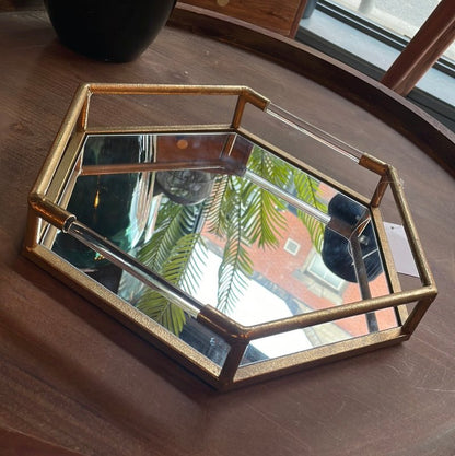 Hexagonal Mirrored Gold Tray with Glass Handles - OUThaus