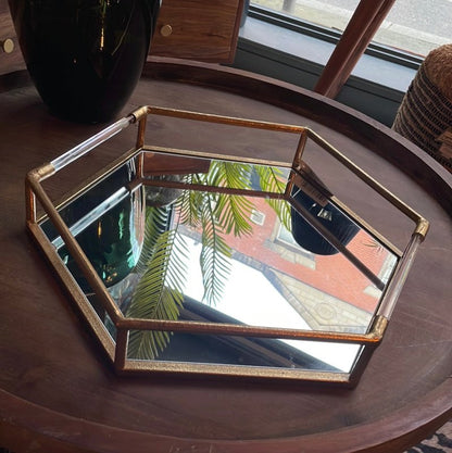 Hexagonal Mirrored Gold Tray with Glass Handles - OUThaus